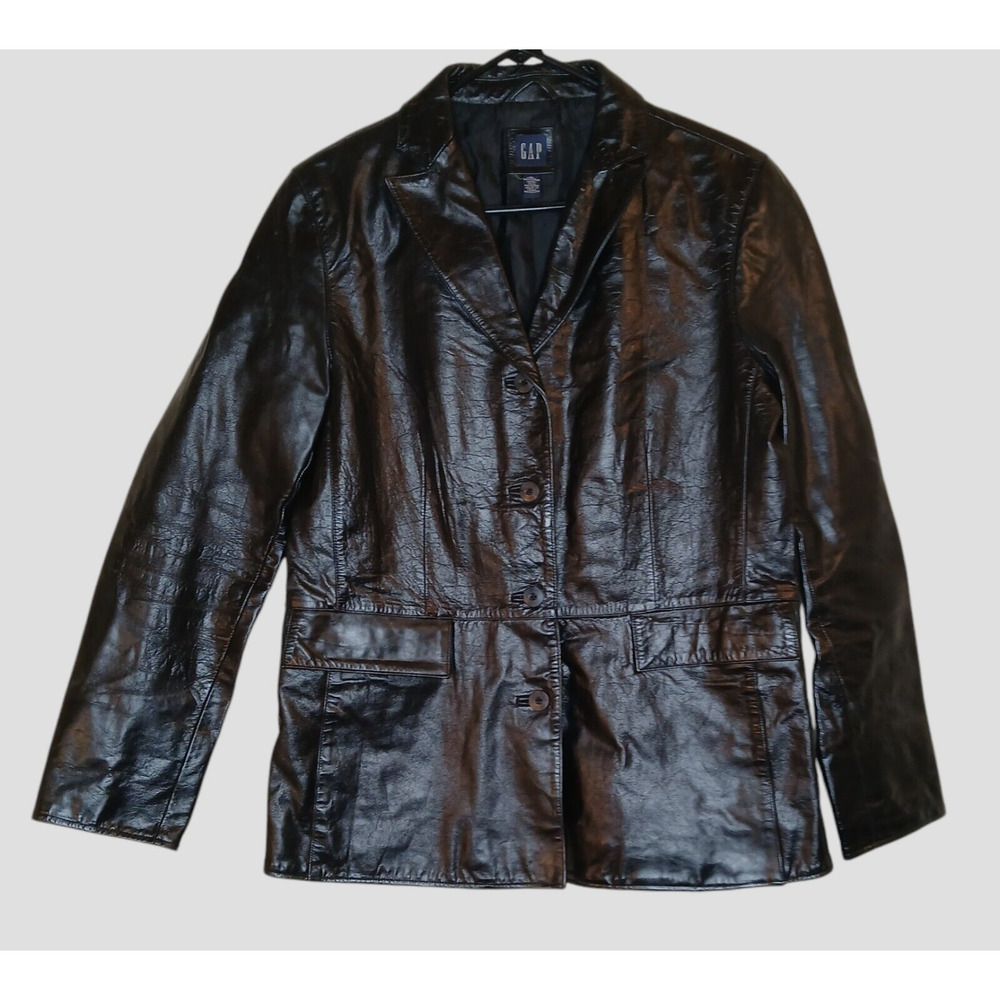 Vintage Gap Womens Medium Genuine Leather Black Jacket‎ Button Up Side Pockets